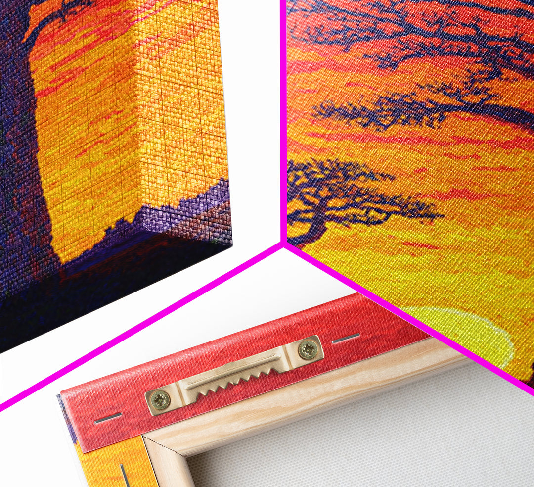 Vivid Baobab Sunset With Glowing Sun Wall Art, African Landscape Print, Colorful Safari Decor, Large Living Room Canvas Print