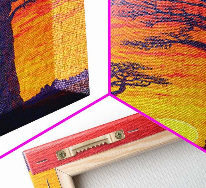 Vivid Baobab Sunset With Glowing Sun Wall Art, African Landscape Print, Colorful Safari Decor, Large Living Room Canvas Print