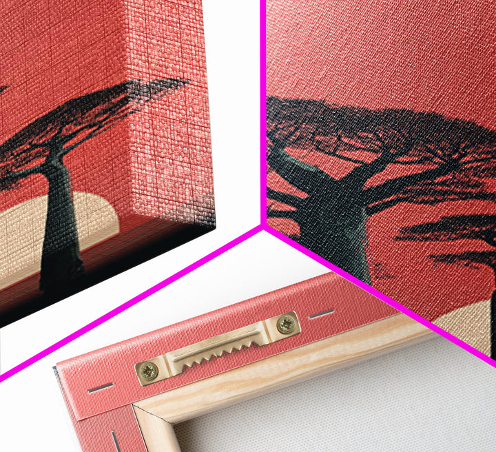 Minimalist Pink Baobab Sunset Canvas Print, African Landscape Wall Decor, Modern Safari Poster, Boho Bedroom Art Gift For Her