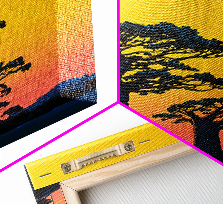 Yellow Sky Baobab Silhouette Canvas Print, African Landscape Wall Decor, Madagascar Sunset Poster, Bold Safari Art Gift Idea