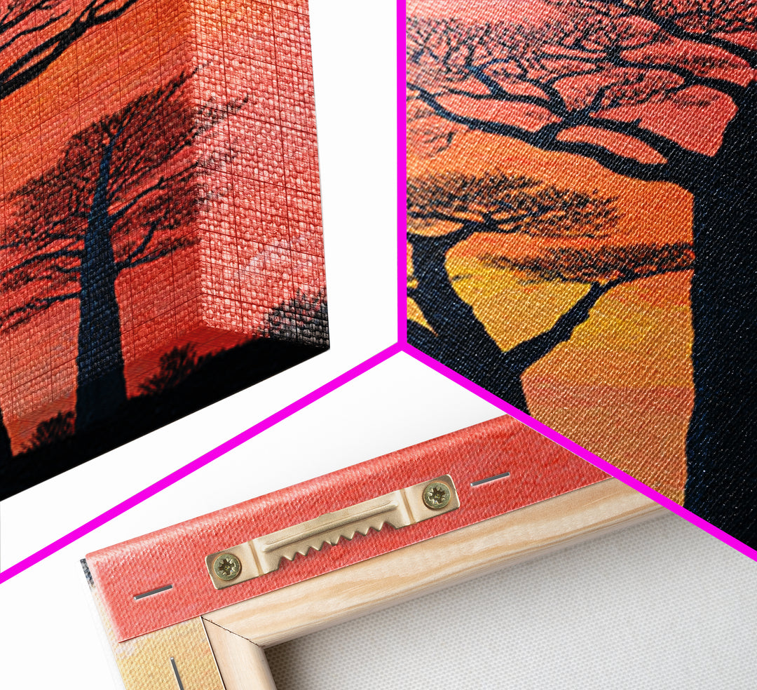 Coral Sunset Baobab Trees Wall Art, African Landscape Print, Textured Canvas Decor, Madagascar Safari Gift, Boho Room Art