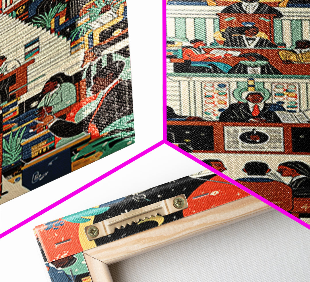 Afrofuturist Civic Assembly Wall Art, Black Culture Illustration, Modern African Decor, Colorful Statement Canvas Print Gift