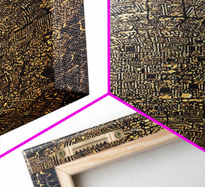 Gold Abstract African City Map Canvas Print, Geometric Tribal Pattern, Black And Gold Wall Art, Modern Office Decor Gift