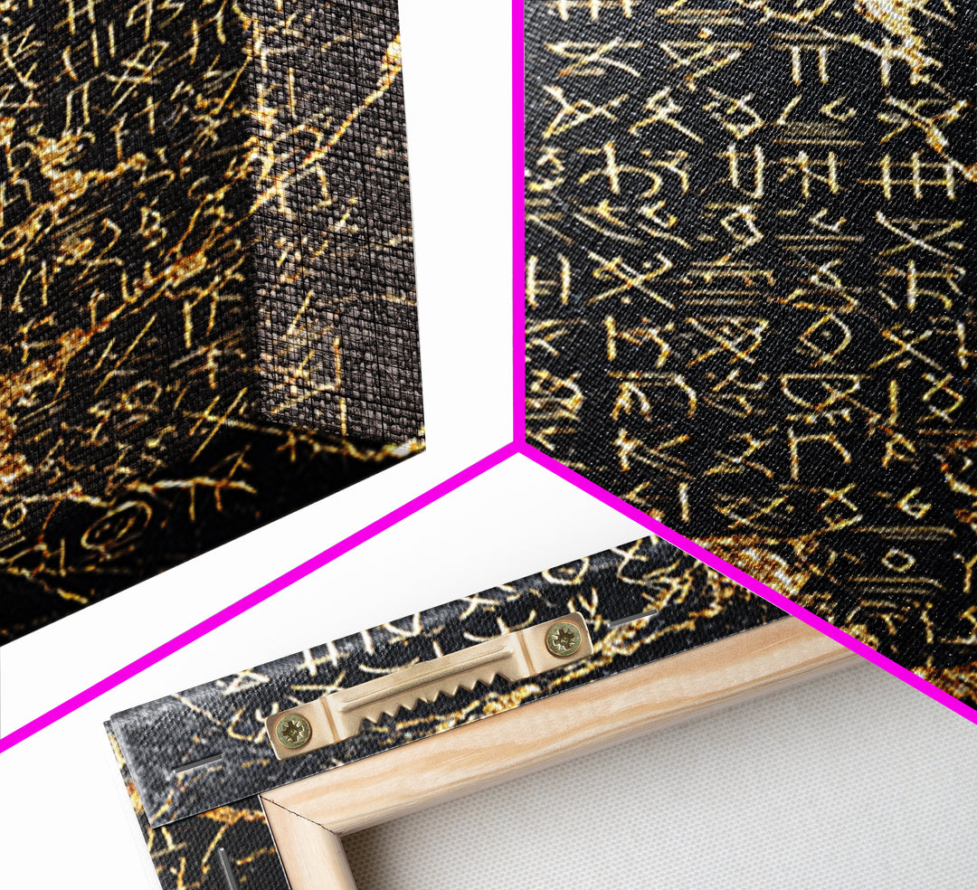Black Marble Gold Script Wall Art, Ancient African Inspired Symbols, Luxury Abstract Canvas Print, Spiritual Home Decor Gift