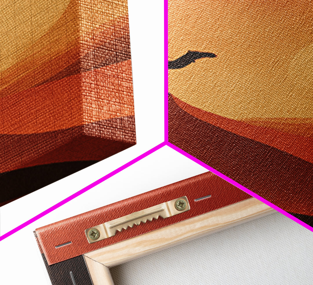 Minimalist Camel Rider Canvas Print, Orange Desert Sun Wall Art, African Travel Poster, Boho Home Decor, Unique Gift Idea
