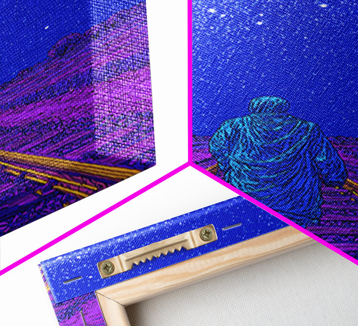 Lone Traveler On Neon Railroad Under Starry Sky Wall Art, Afrofuturism Canvas Print, Mystical Journey Decor, Blue Poster