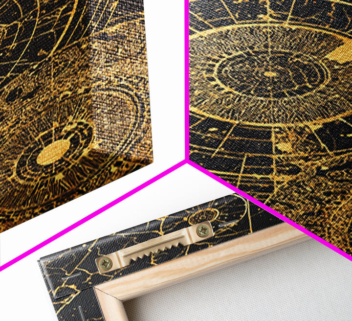 Gold Astronomical Circles On Black Stone Wall Art, Celestial Abstract Canvas Print, Luxury Geometric Decor, Modern Office Art