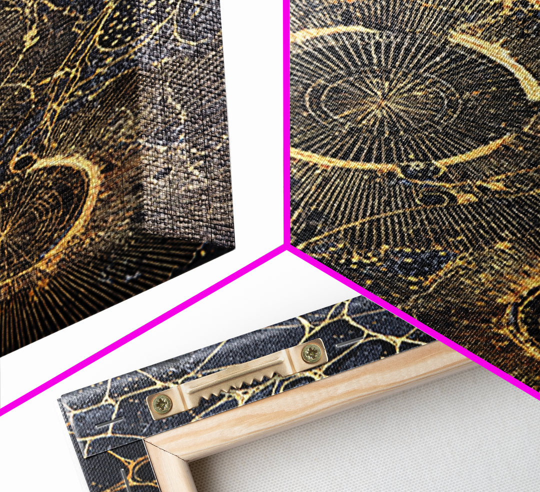 Black Gold Cellular Circles Abstract Wall Art, Textured Celestial Canvas Print, Luxury Modern Decor, Statement Office Art