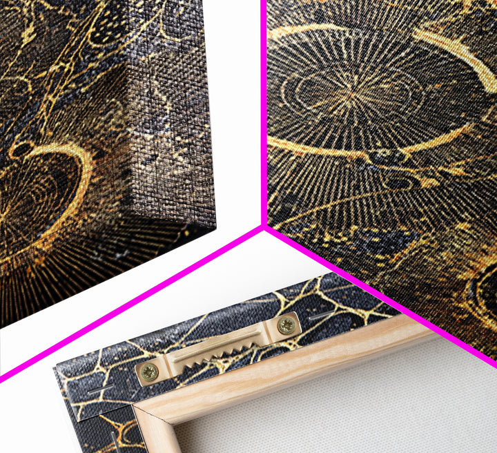 Black Gold Cellular Circles Abstract Wall Art, Textured Celestial Canvas Print, Luxury Modern Decor, Statement Office Art