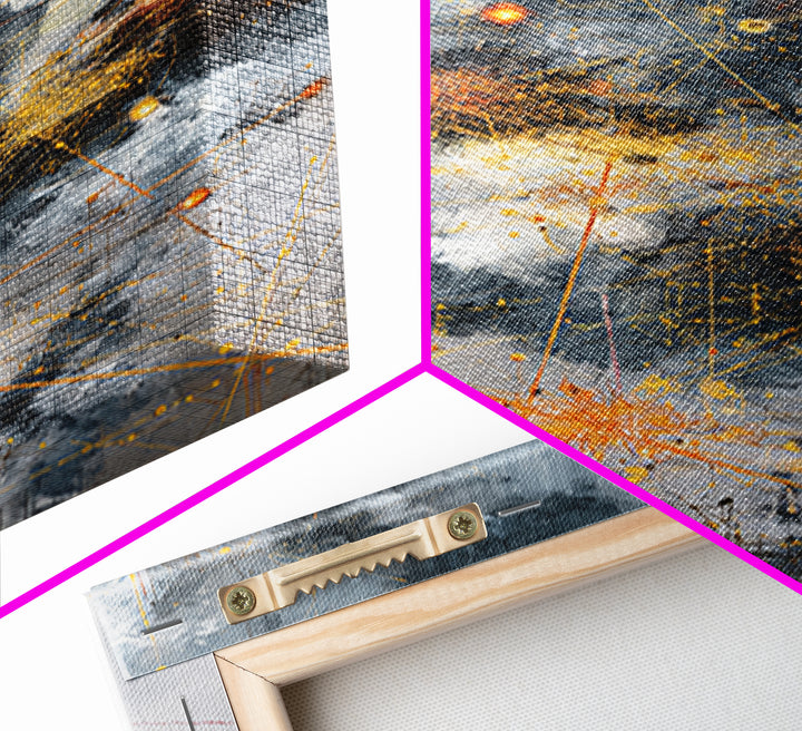 Stormy Gray Gold Network Canvas Print, Abstract African Art Decor, Modern Office Wall Art, Industrial Geometric Line Artwork