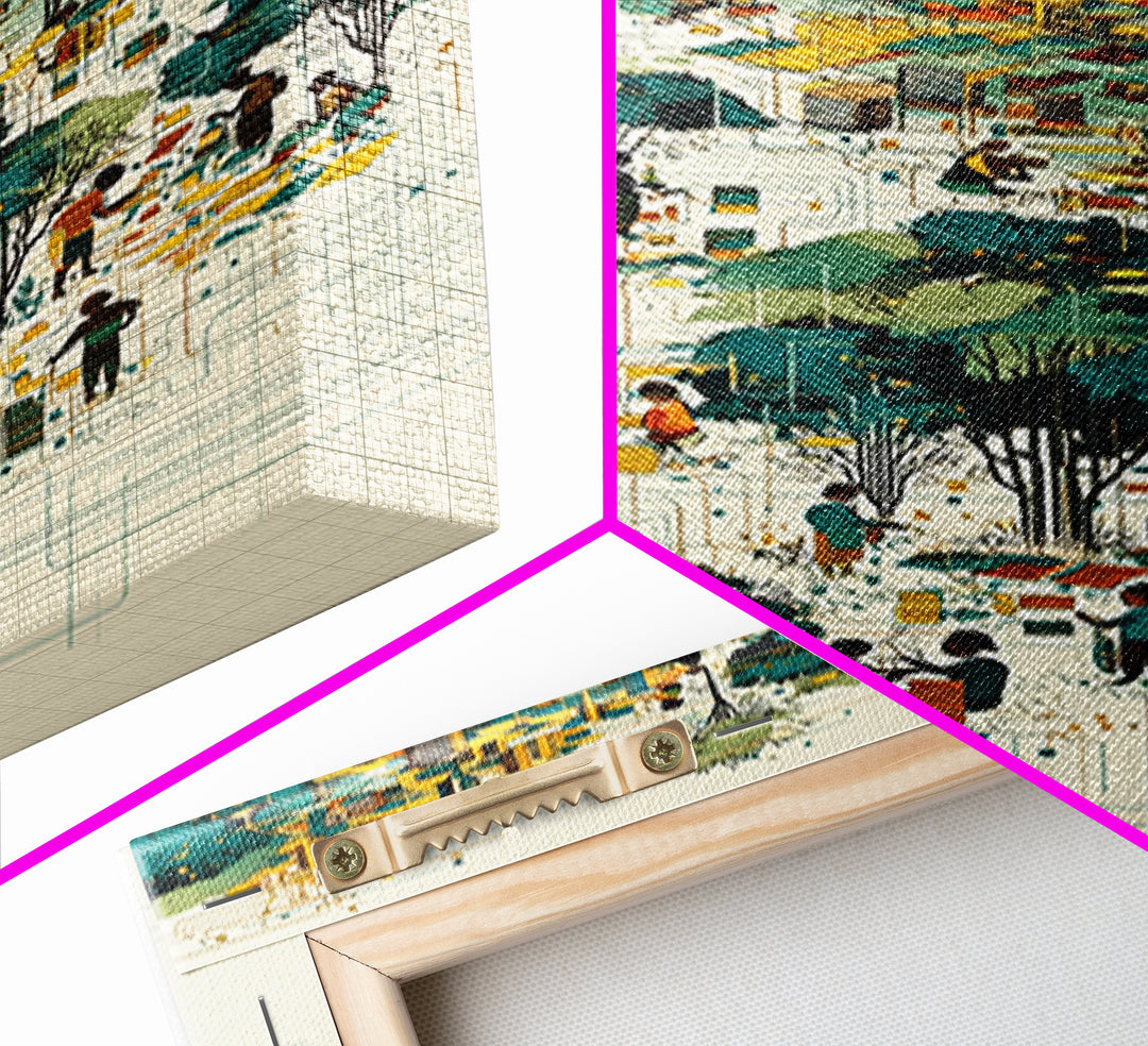 Vibrant African City Community Wall Art, Afrocentric Urban Landscape, Black Culture Art, Modern Teal Gold Decor Canvas Print