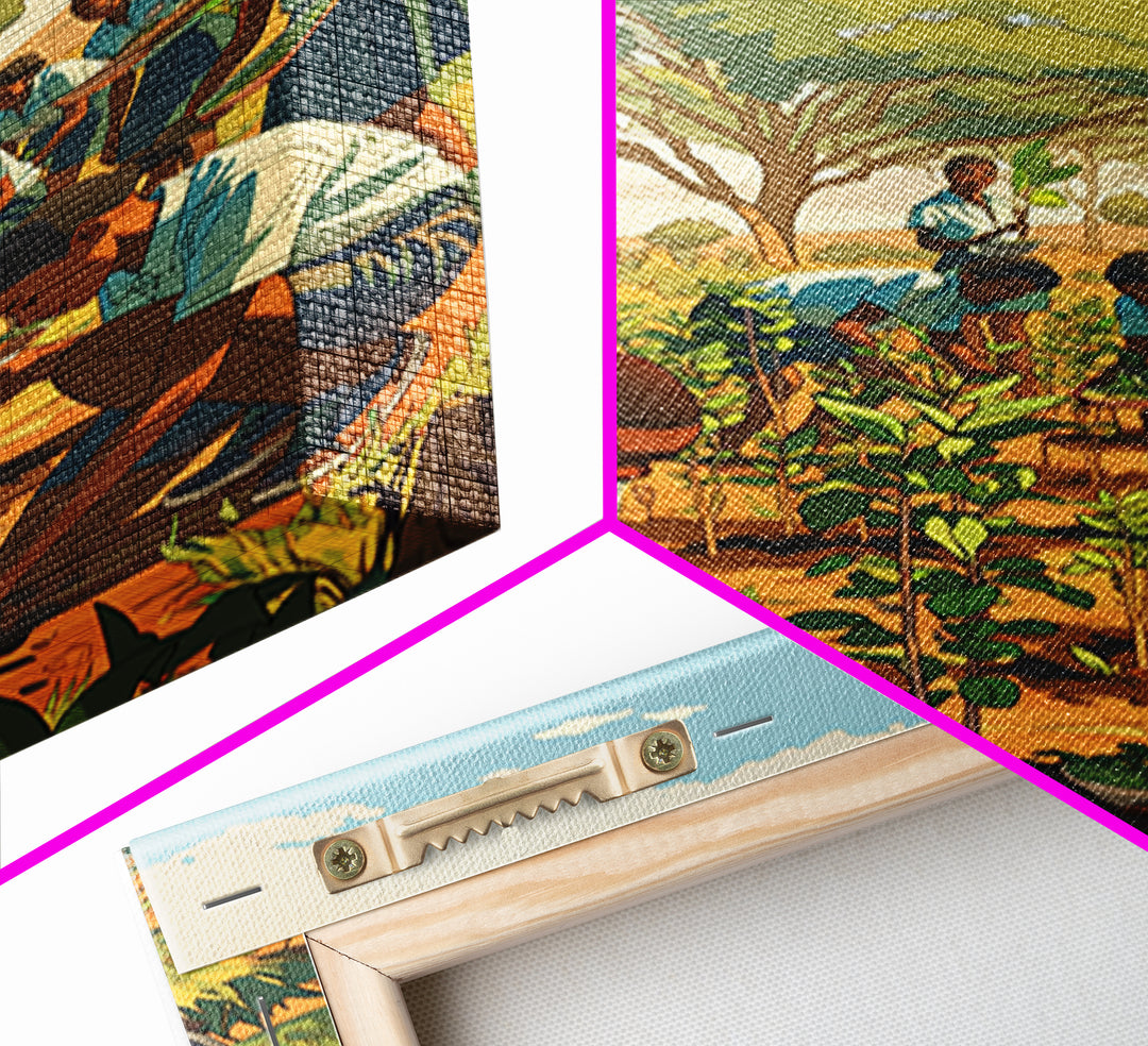 African School Garden Tree Planting Framed Canvas Print, Black Children Art, Community Nature Scene, Cultural Wall Decor