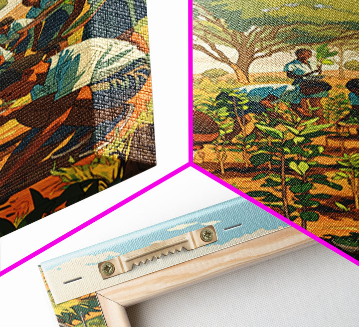 African School Garden Tree Planting Framed Canvas Print, Black Children Art, Community Nature Scene, Cultural Wall Decor