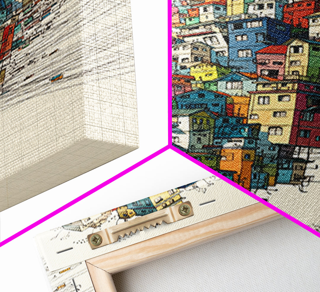Stacked Colorful Hillside Houses Framed Canvas Print, Urban Wall Art, Geometric Design, Bold Home Decor Gift, Statement Wall Art