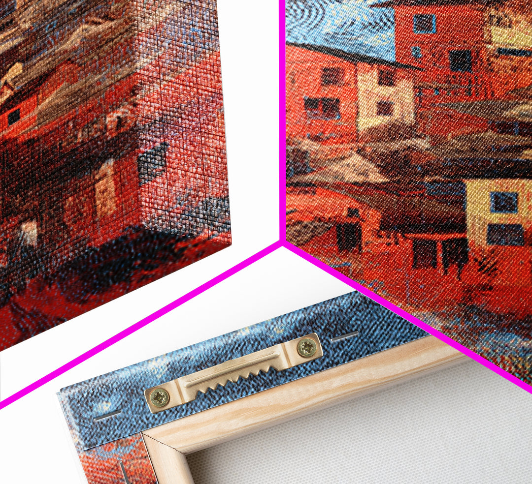 Red Hillside Village At Starry Night Canvas Print, Cozy Winter Wall Art, Rustic Decor, Unique Home Decor Gift, Orange Blue Painting