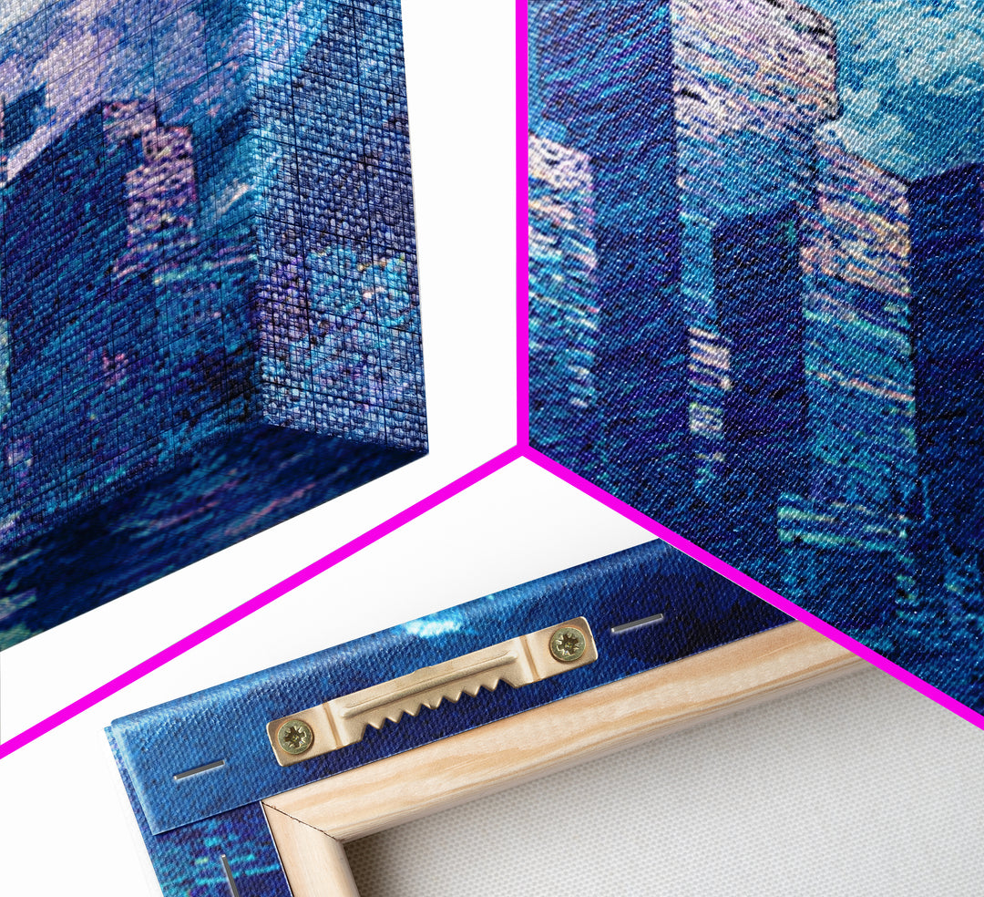 Blue Futuristic Skyline Framed Canvas Print, Modern City Wall Decor, Urban Architecture Art, Luxury Canvas Art For Office