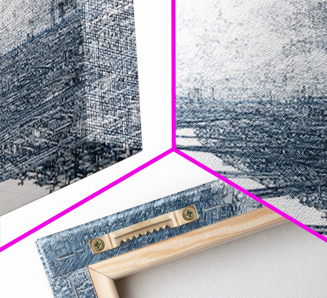 Intricate City River Cloud Wall Art, Blue Gray Urban Landscape Print, Modern Architecture Decor, Large Living Room Art Gift