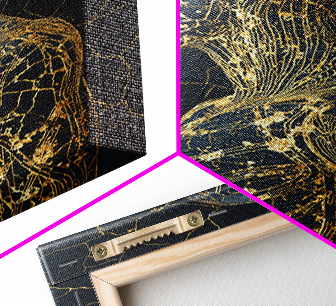 Gold Line Anatomical Figure Wall Art, Abstract Black Art, Luxury Canvas Decor, Modern Minimalist Portrait, Gift For Him Decor