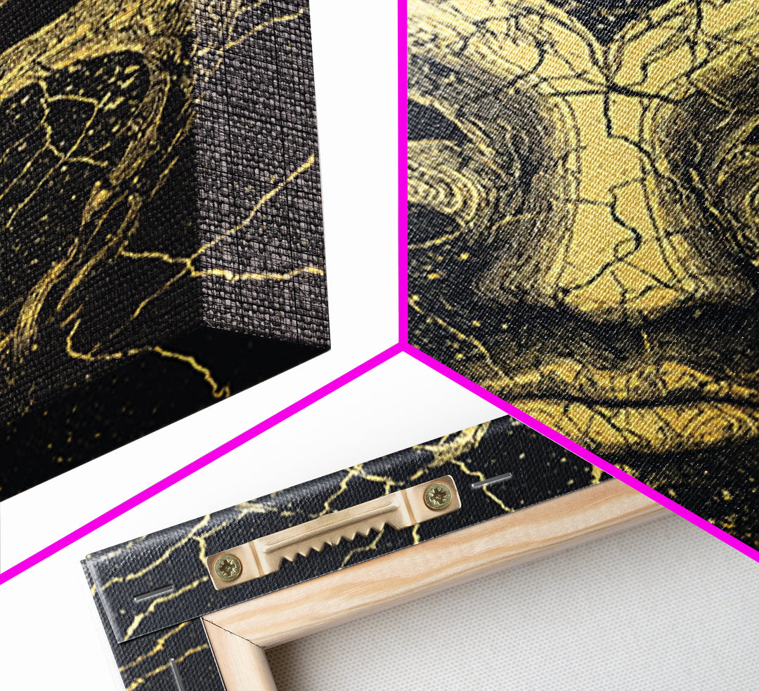 Gold African Mask Canvas Print, Black Cracked Tribal Face Art, Mystical Afrocentric Wall Decor, Unique Statement Gift For Home