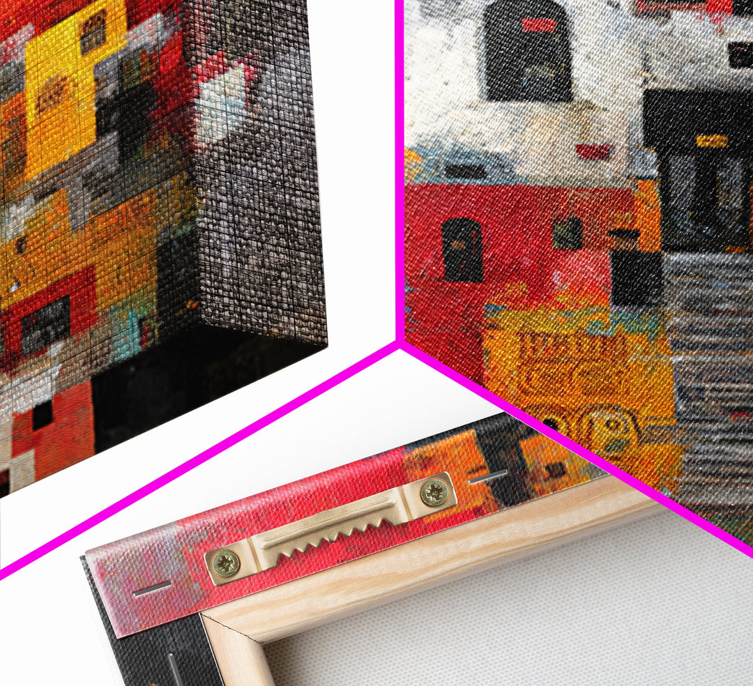 Red Black Abstract City Facades Framed Canvas Print, Modern African Wall Art, Urban Architecture Decor, Bold Home Decor Art