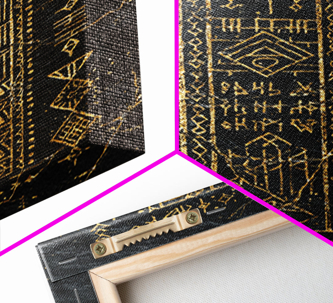Black Gold Tribal Geometric Symbol Wall Art, Ancient African Inspired Panel, Mystical Canvas Print, Cultural Home Decor Gift