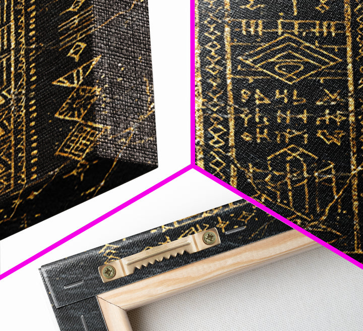 Black Gold Tribal Geometric Symbol Wall Art, Ancient African Inspired Panel, Mystical Canvas Print, Cultural Home Decor Gift