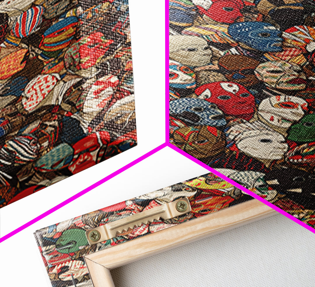 Illustrated African Mask Collage Wall Art, Colorful Tribal Pattern, Afrocentric Decor, Cultural Gallery Canvas Print Gift