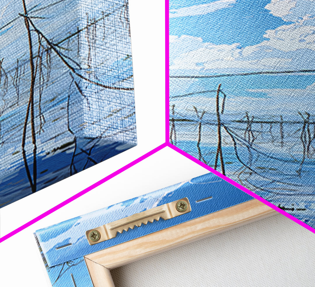 Blue Sky Fishing Nets Wall Art, Minimalist Coastal African Landscape Canvas, Serene Water Reflections, Bedroom Decor Gift