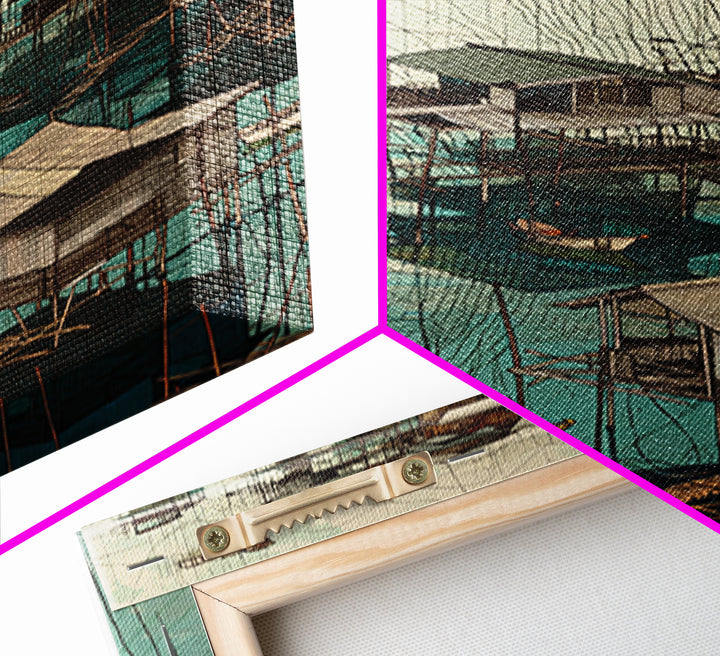 Turquoise African Stilt Houses Wall Art, Fishing Village Canvas, Coastal Landscape Print, Cultural Home Decor Gift For Living Room