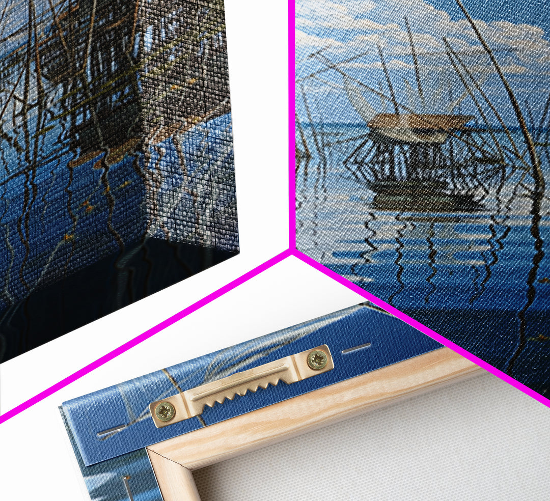 Dreamy Fishing Nets On Blue Water Wall Art, African Coastal Village Canvas, Cloud Reflection Nature Decor Gift For Home And Office