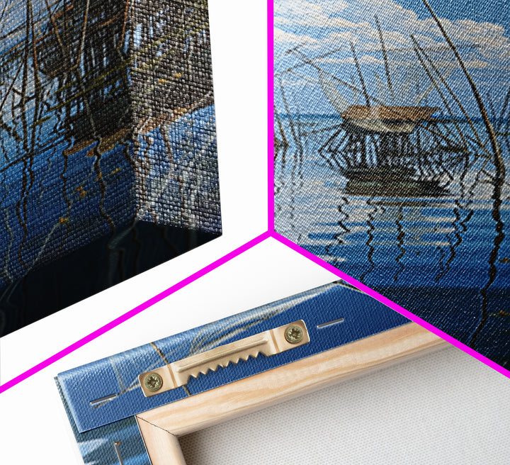 Dreamy Fishing Nets On Blue Water Wall Art, African Coastal Village Canvas, Cloud Reflection Nature Decor Gift For Home And Office