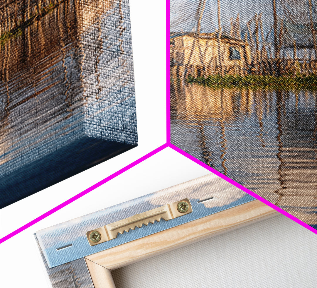 Sunlit Stilt Fishing Huts And Net Reflections Wall Art, Coastal Lake Village Canvas Print, Serene Blue Water Living Room Decor