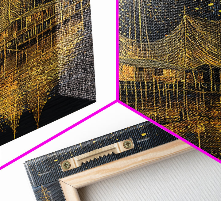 Golden Night Fishing Nets Over Stilt Houses Canvas Print, African Inspired Coastal Village Wall Decor, Black Gold Statement Art