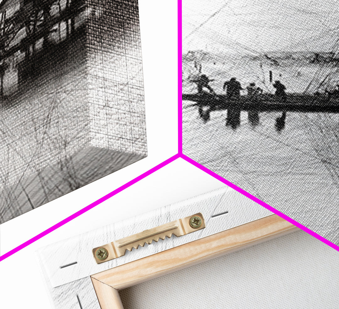 Black And White Fishing Village Sketch Wall Art, Fine Line Coastal Hut Drawing, Minimalist Lake House Decor For Gallery Walls