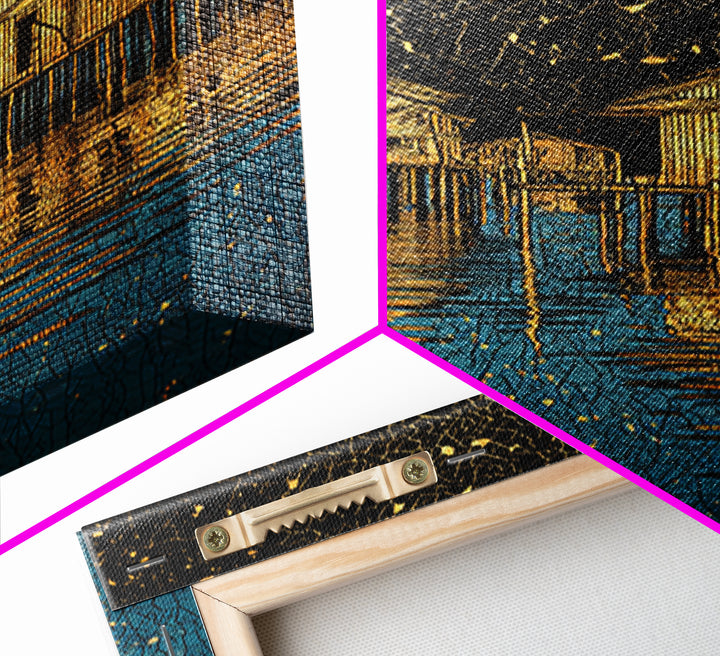 Gold Stilt Houses On Blue Water Canvas Print, Abstract Coastal Village Wall Art, Black Gold Lake Reflections Home Decor Art