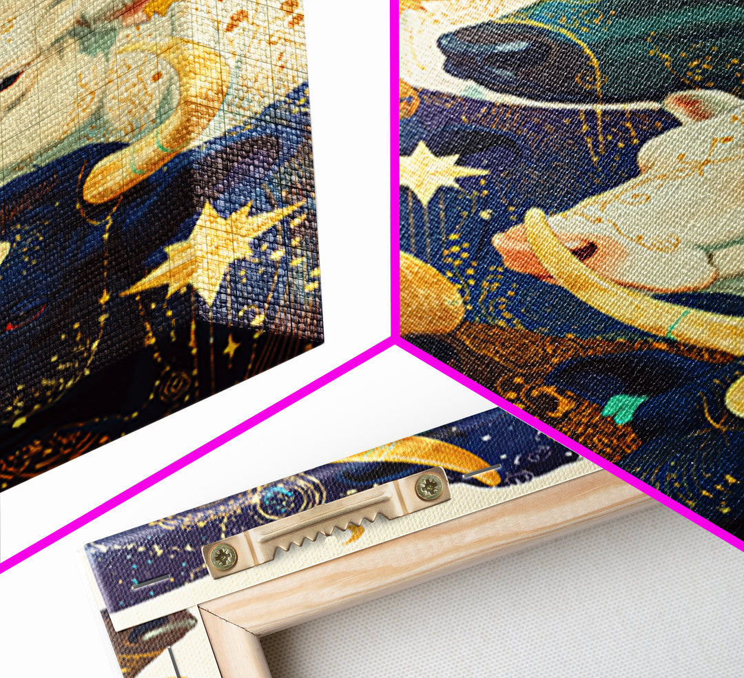 Celestial Herd Of Moonlit Cows Wall Art, Mystical Animal Canvas Print, Colorful Farm Decor, Whimsical Stars And Moons Poster