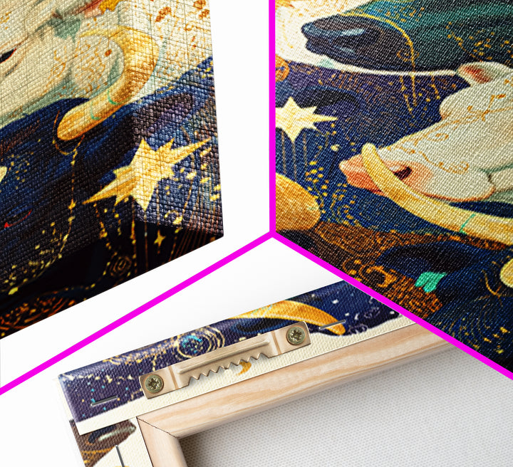 Celestial Herd Of Moonlit Cows Wall Art, Mystical Animal Canvas Print, Colorful Farm Decor, Whimsical Stars And Moons Poster