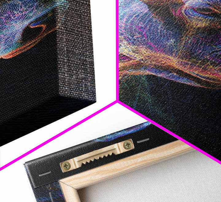 Neon Rainbow Cow Portrait Canvas Print, Abstract Animal Wall Decor, Electric Blue Farmhouse Art, Modern Black Home Decor