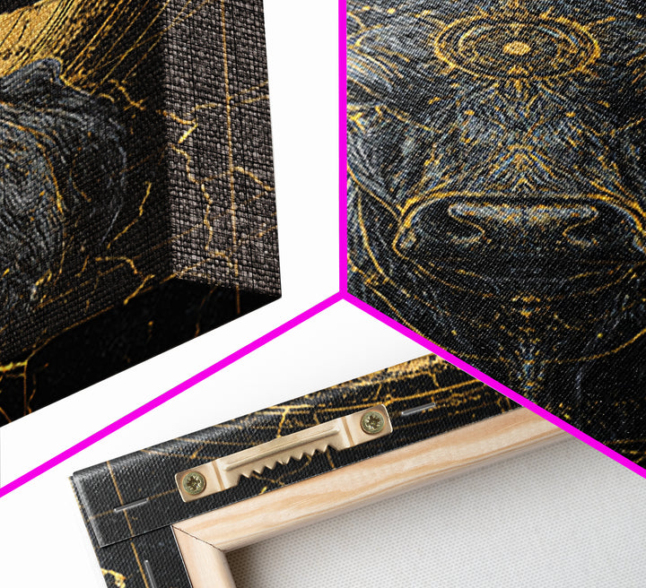 Sacred Black And Gold Bull Framed Canvas Print, Geometric Animal Wall Art, Mystical Farm Decor, Dramatic Statement Piece