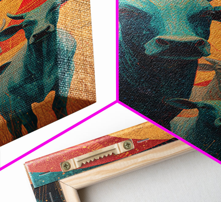 Retro Teal Cattle Family Canvas Print, Orange Sun Animal Wall Decor, Southwestern Farm Painting, Bold Living Room Art Gift
