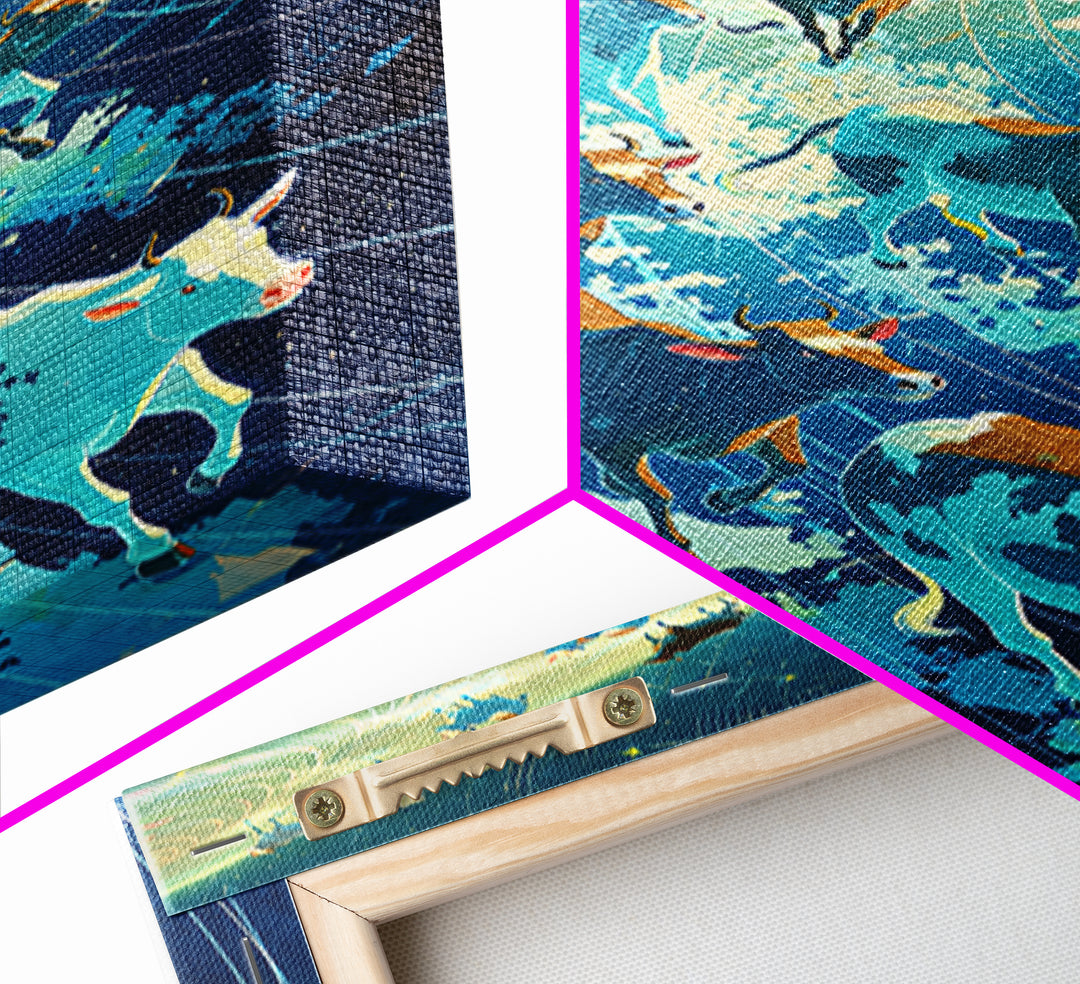Cosmic Cattle Herd In Motion Wall Art, Blue Galaxy Animal Canvas Print, Dynamic Farm Decor, Unique Living Room Statement