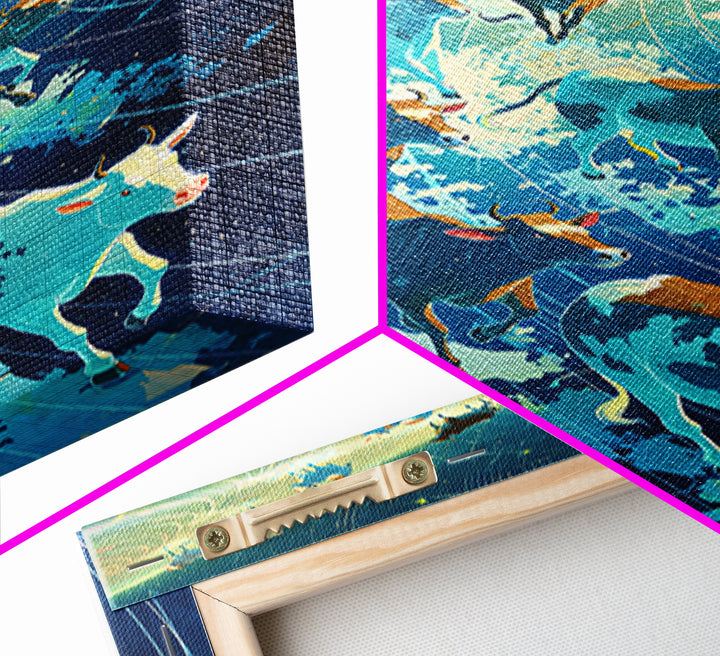 Cosmic Cattle Herd In Motion Wall Art, Blue Galaxy Animal Canvas Print, Dynamic Farm Decor, Unique Living Room Statement
