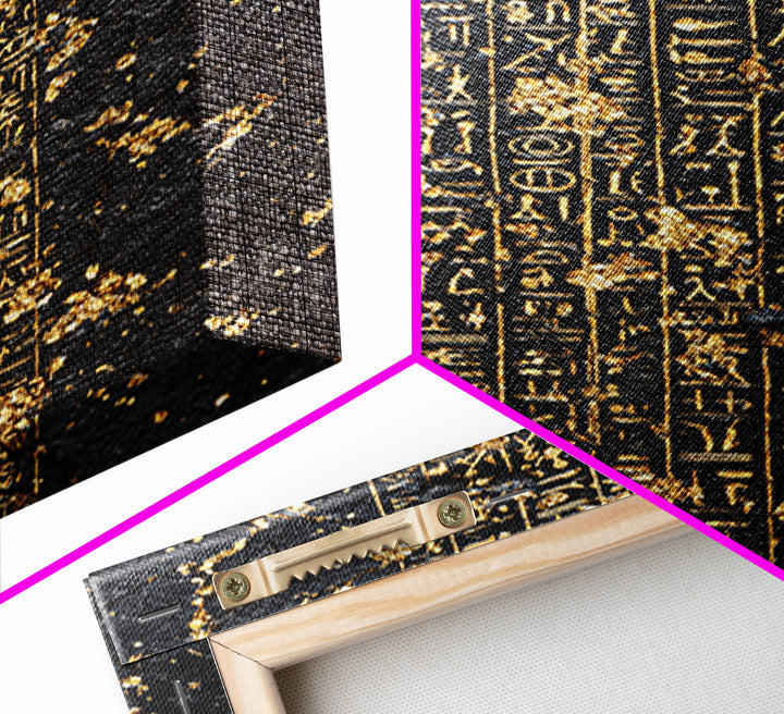 Gold Egyptian Hieroglyphs On Cracked Stone Wall Art, Ancient African Art, Black And Gold Art, Mystical Cultural Decor Gift