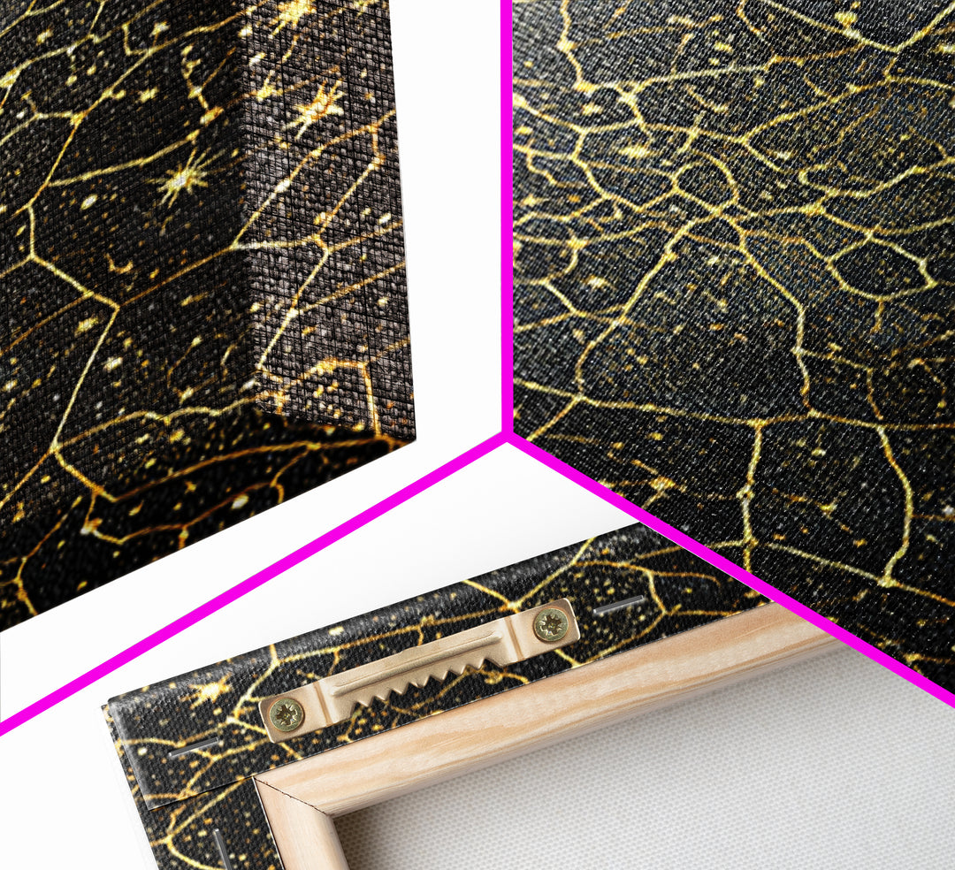 Black And Gold Celestial Crackle Pattern, Abstract Wall Art, Luxury Canvas Print, Geometric Home Decor, Starry Art, Modern Black Decor