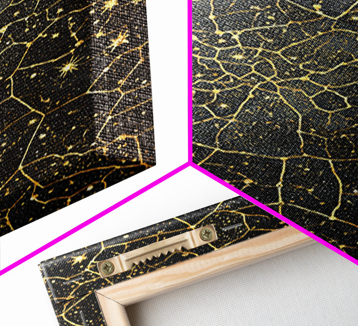 Black And Gold Celestial Crackle Pattern, Abstract Wall Art, Luxury Canvas Print, Geometric Home Decor, Starry Art, Modern Black Decor