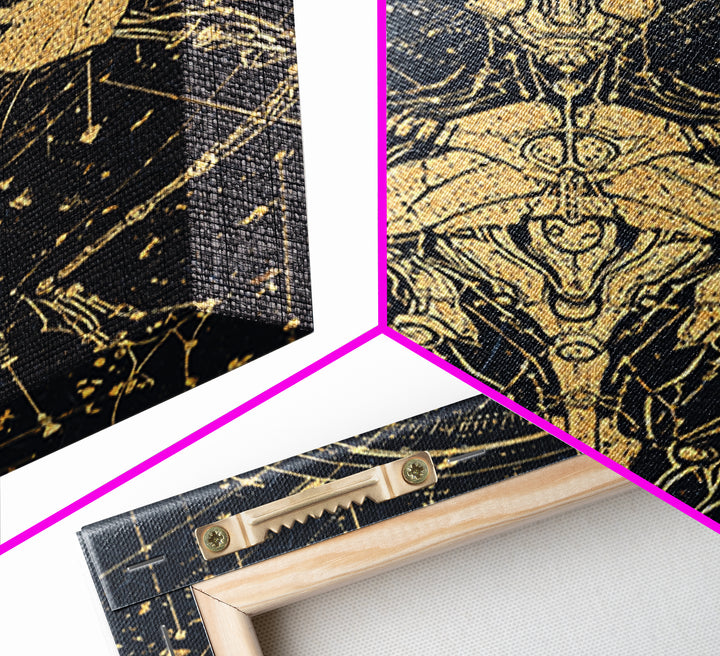 Gold Celestial Cyborg Blueprint Canvas Print, Afrofuturism Wall Decor, Sacred Geometry Robot Art, Modern Black And Gold Decor