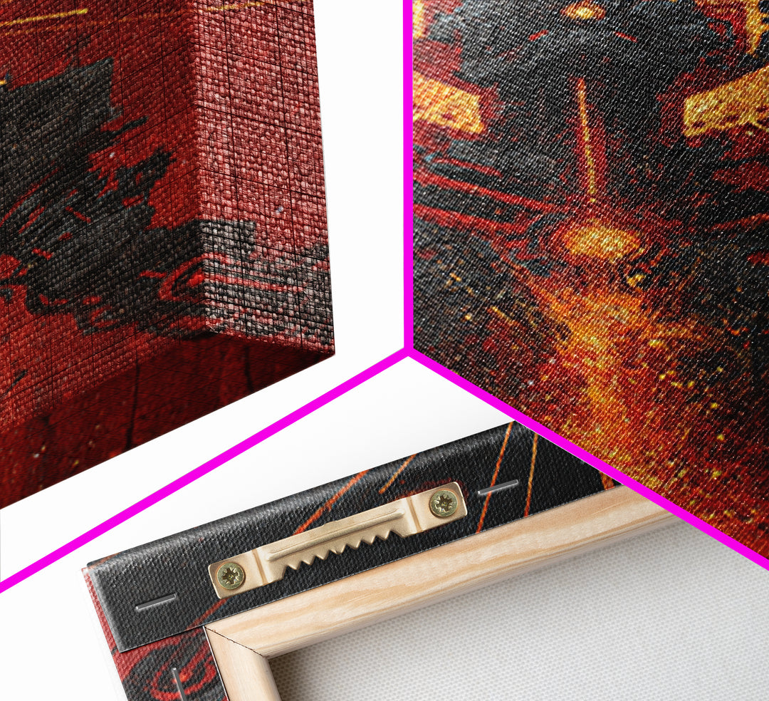 Black Android With Golden Halo Framed Canvas Print, Afrofuturism Wall Art, Red Fire Robot Portrait, Spiritual Decor Gift