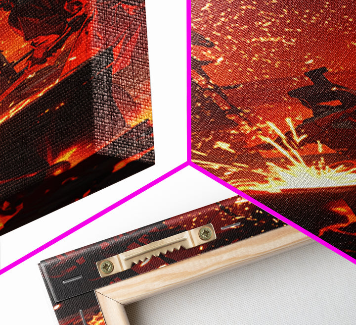 Two Foundry Workers Amid Sparks Framed Canvas Print, Fiery Industrial Wall Art, African Inspired Workshop Decor For Him Gift