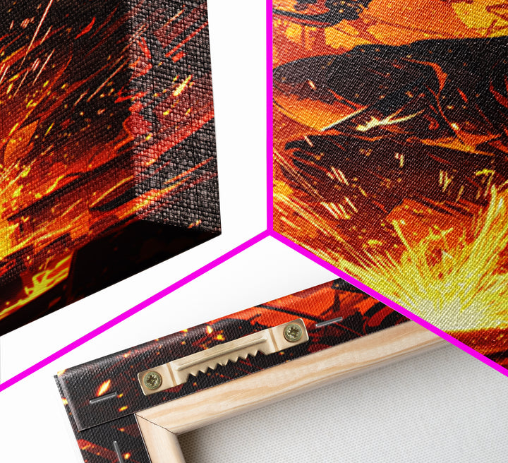 Crouching Welder In Fiery Workshop Canvas Print, Industrial Black Art, Orange Sparks Wall Decor, Unique Home Decor Gift Idea