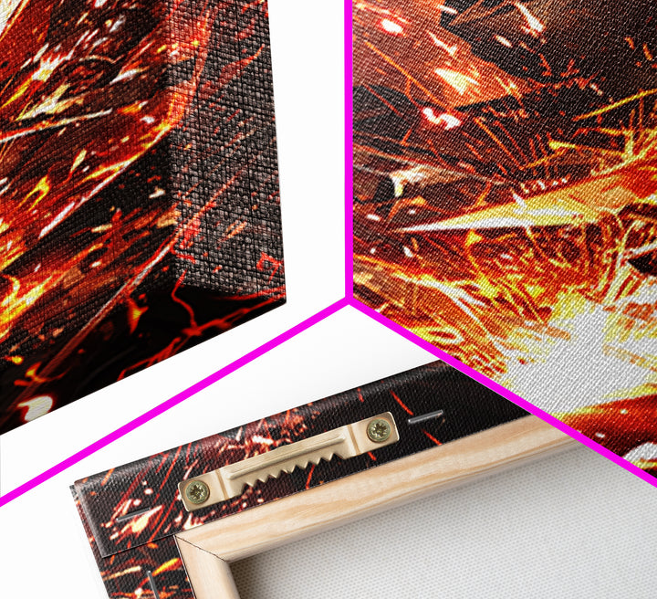 Close Up Welding Sparks And Metal Framed Canvas Print, Dark Industrial Wall Art, Blacksmith Workshop Home Decor Gift For Him